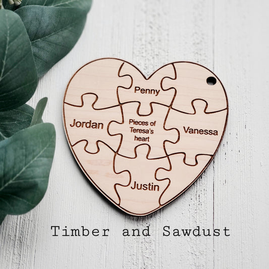 Heart-shaped puzzle ornament with your family names