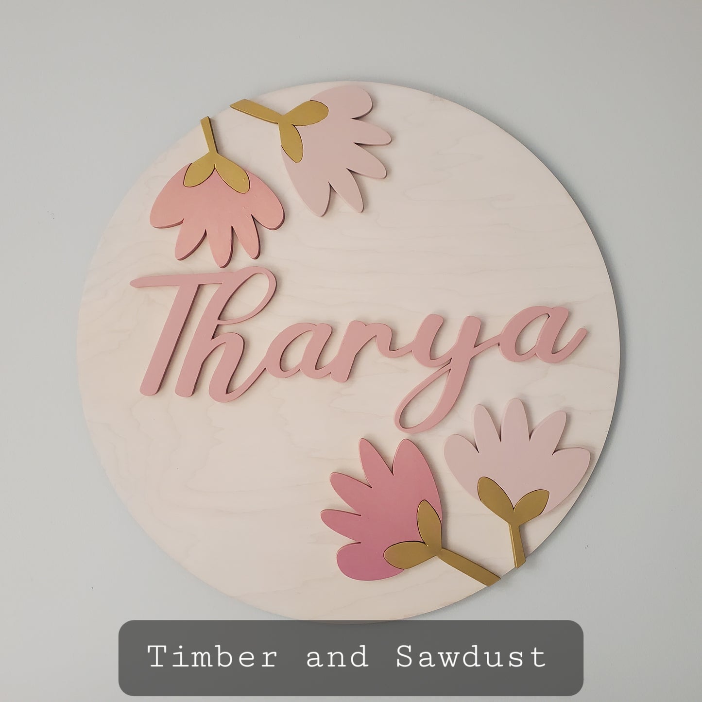 3D round circle wood name sign girls room - Floral