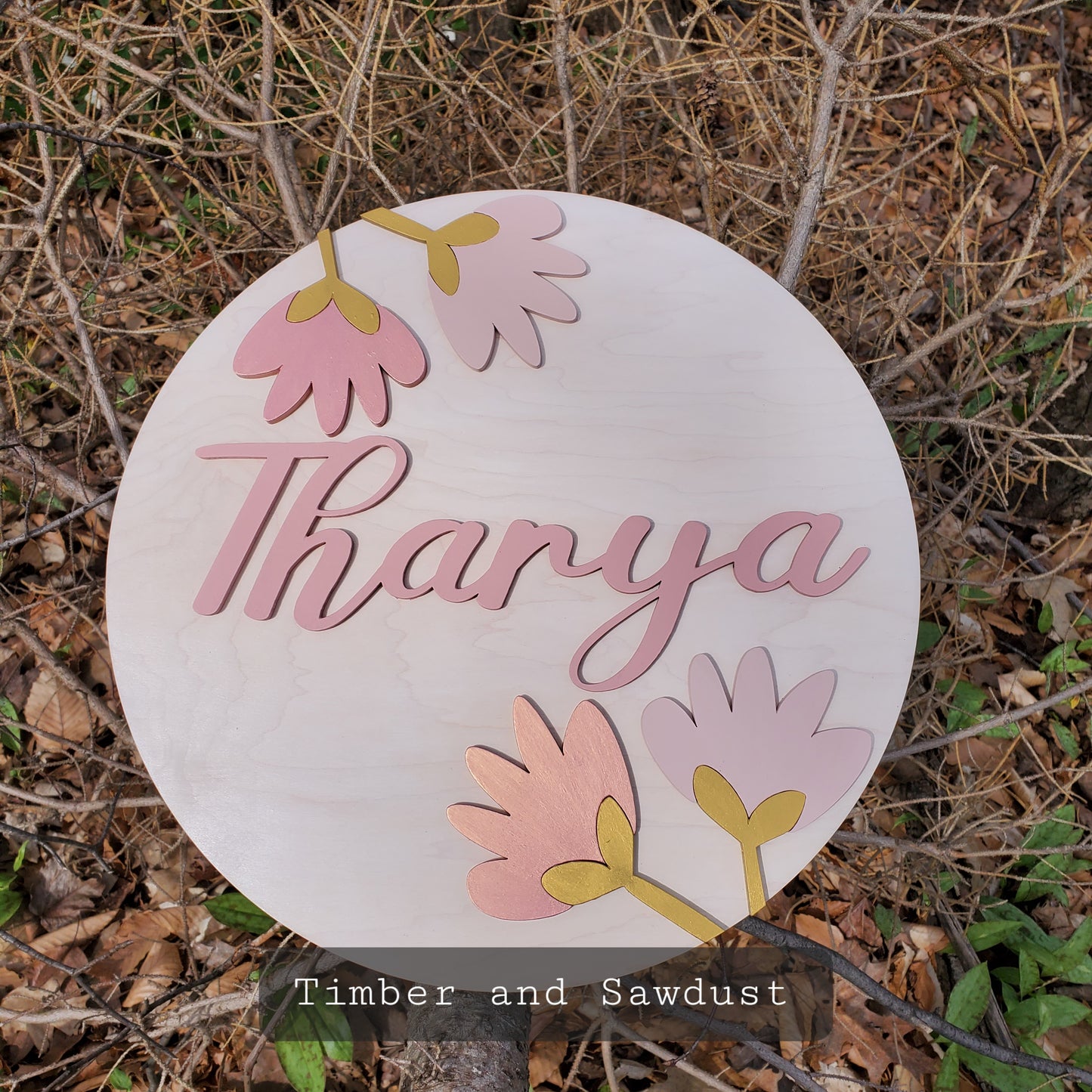 3D round circle wood name sign girls room - Floral